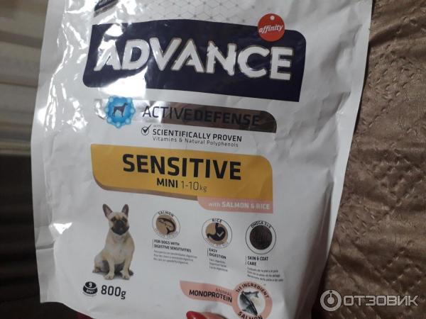 Advance корм для собак малых пород с чувствительным пищеварением лосось и рис mini sensitive